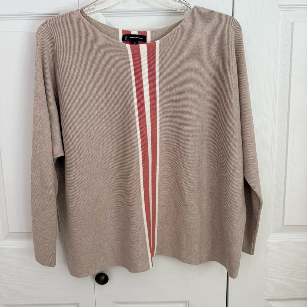 INC International Concepts 2X Taupe Striped Ribbed Dolman‎ Sweater Pullover